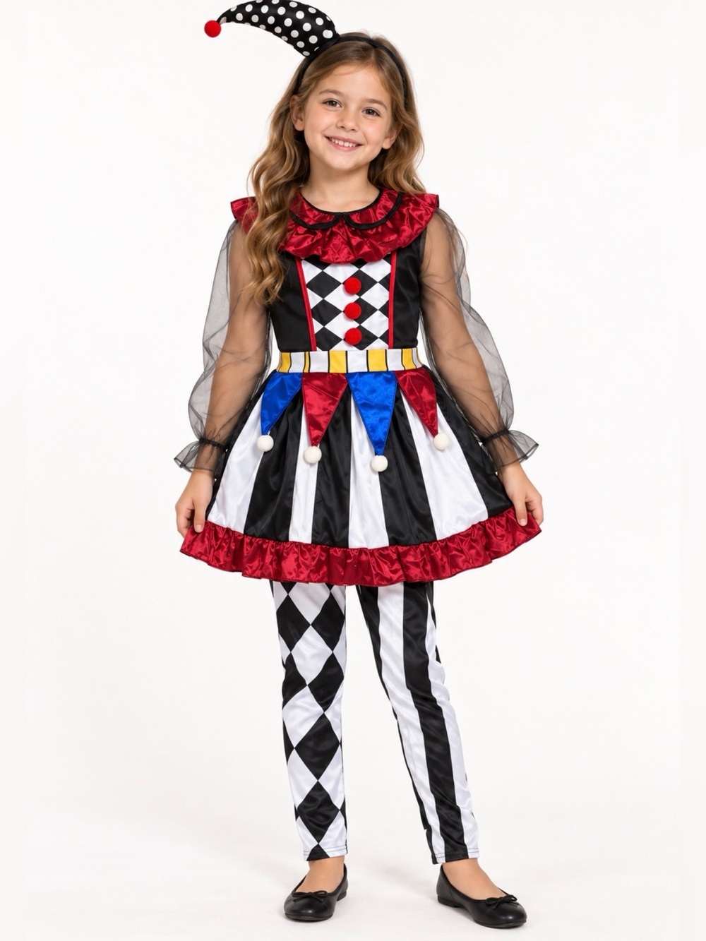 Kids Black White Red Harlequin/ Jester Halloween Costume Dress with Leggings (L)